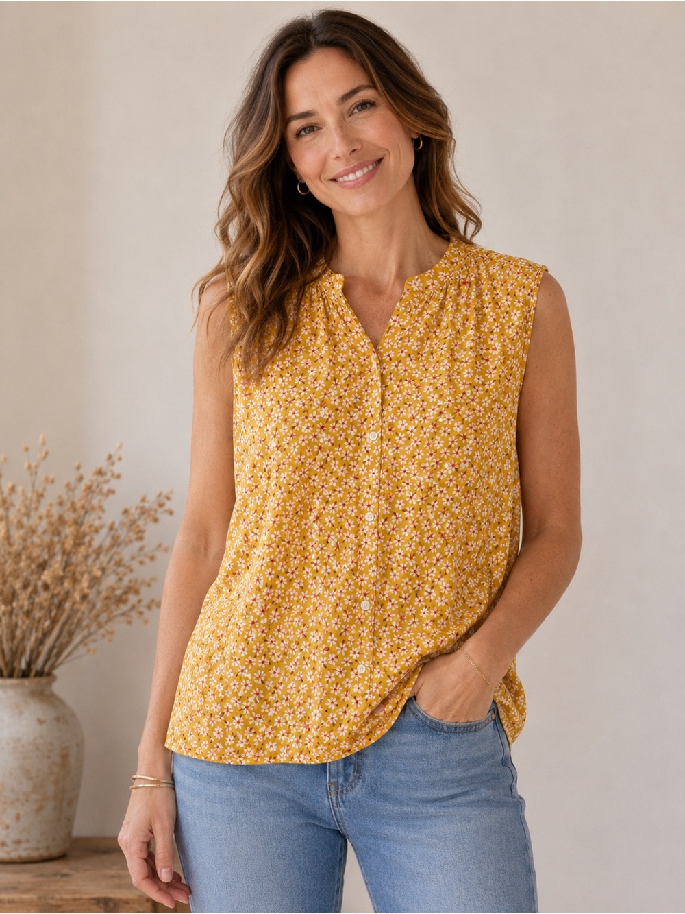 Old Navy Yellow Floral Sleeveless Button-Front Tank